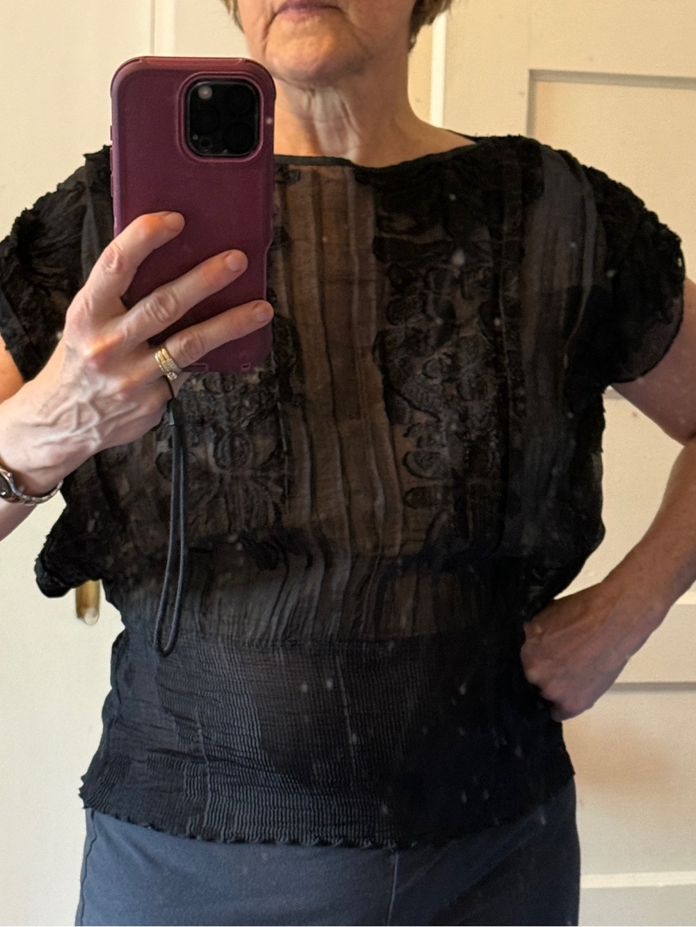 Black Sheer MaxStudio Embroidered Blouse with Smocked Waist